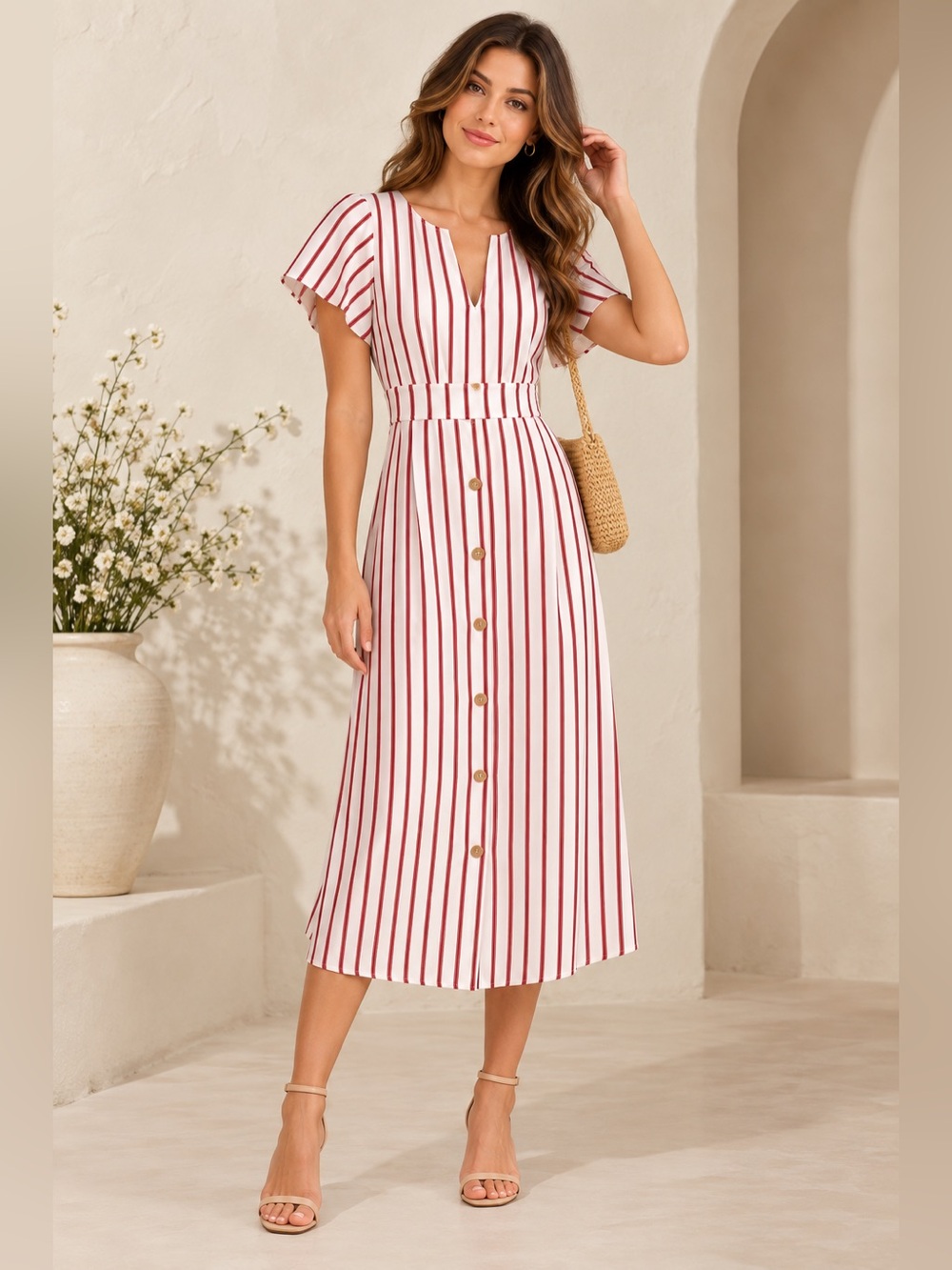 Crystal Sky Red & White Striped Midi Dress Size 5